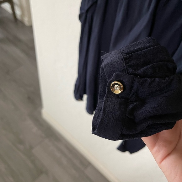 Anthropologie Maeve| Navy Cold Shoulder Ruffle Blouse with Gold Buttons••• - Picture 8 of 12
